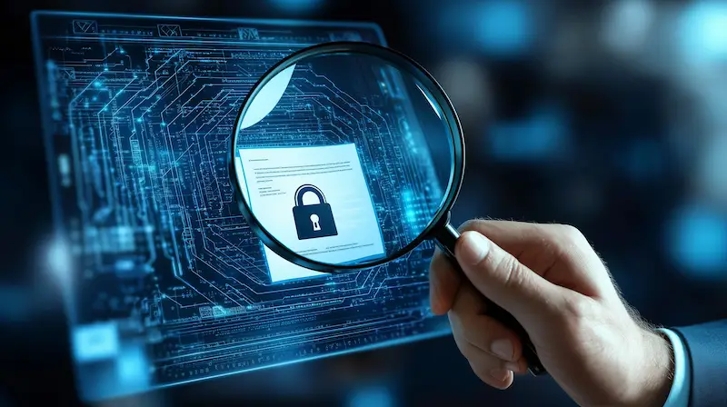 Schwachstellenmanagement in der IT-Sicherheit: Eine Lupe vergrößert eine digitale Sicherheitsanalyse mit einem verschlüsselten Dokument. Schutz sensibler Daten und Identifikation von Sicherheitslücken in Unternehmensnetzwerken.