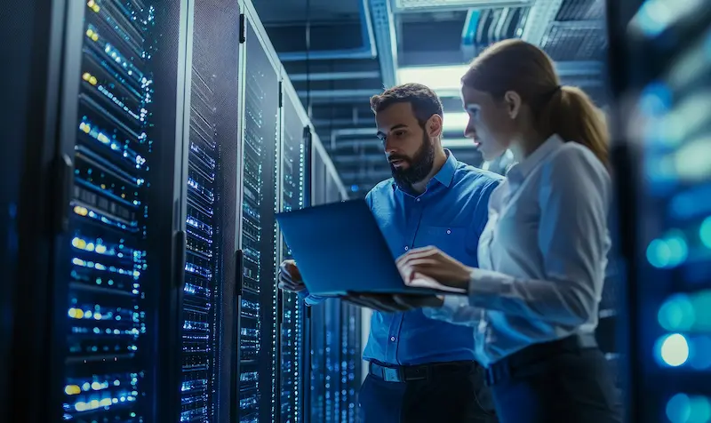 IT-Sicherheit im Rechenzentrum: Zwei IT-Experten überprüfen Server in einem Rechenzentrum mit einem Laptop. Symbol für Netzwerksicherheit, Datenmanagement und Cybersecurity.