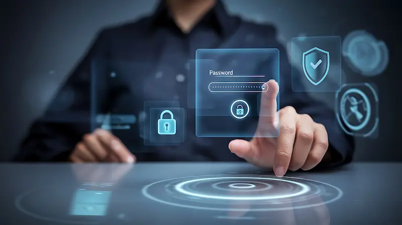 Endpoint Security und Protection: Eine Person nutzt eine digitale Benutzeroberfläche zur sicheren Anmeldung. Symbol für Datenschutz, IT-Sicherheit und Identitätsschutz.